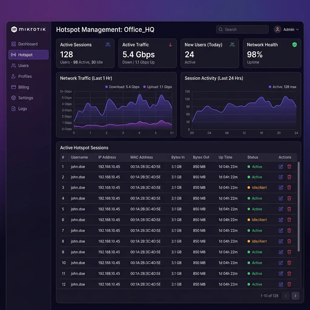 Painel Hotspot Mikrotik — gestão de sessões